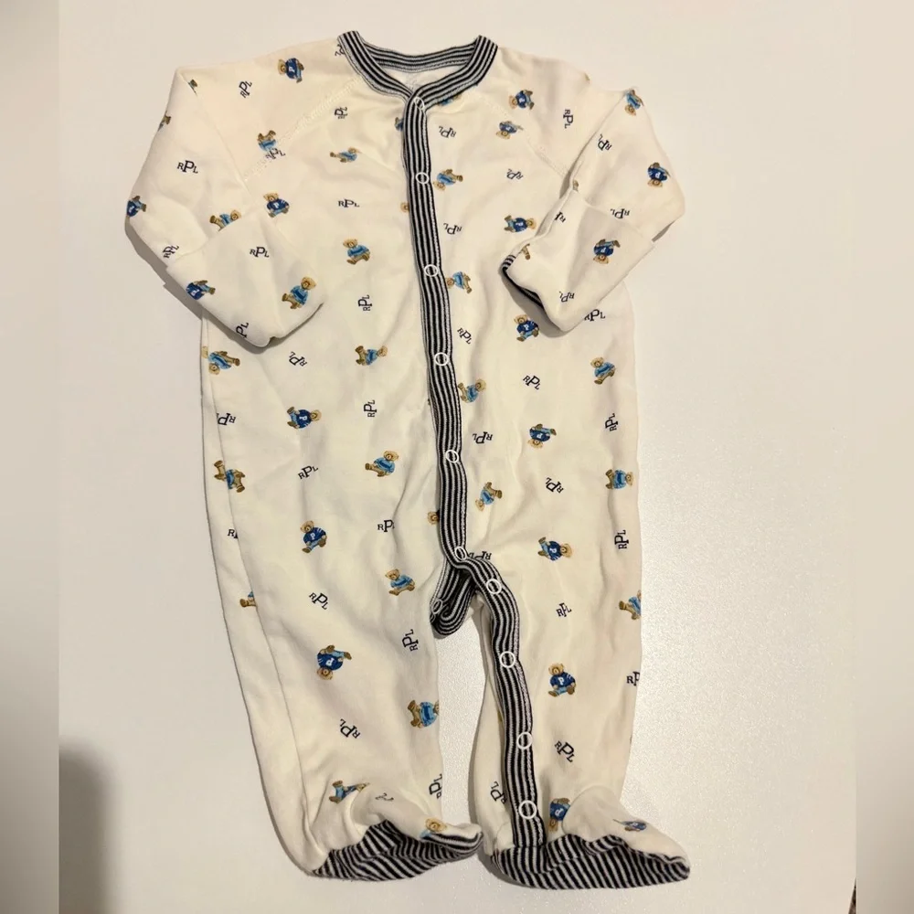 Ralph Lauren Baby Teddy Bear Footie Coverall Sz 6 Months Cotton Kawaii‎